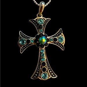 Elegant Silver Cross pendant necklace with gorgeous blue stones